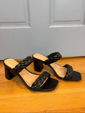 Black Braided Double-Strap Block Heel Sandals